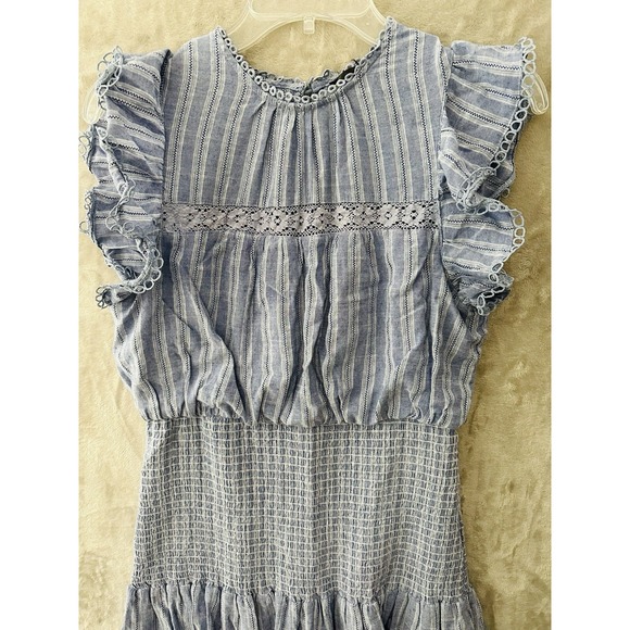 Aqua Cotton Smocked Mini Dress Size Large Flutter Cap Sleeves, Tiered Hem Lined - Picture 5 of 11